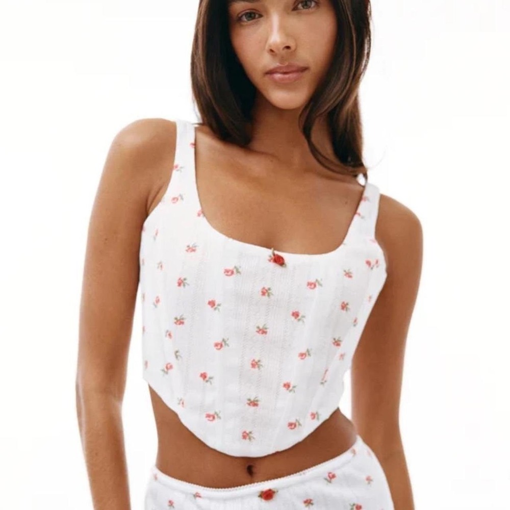 With Jean Cindy Corset Crop Top White Pointelle Rose Print Boning Medium Womens